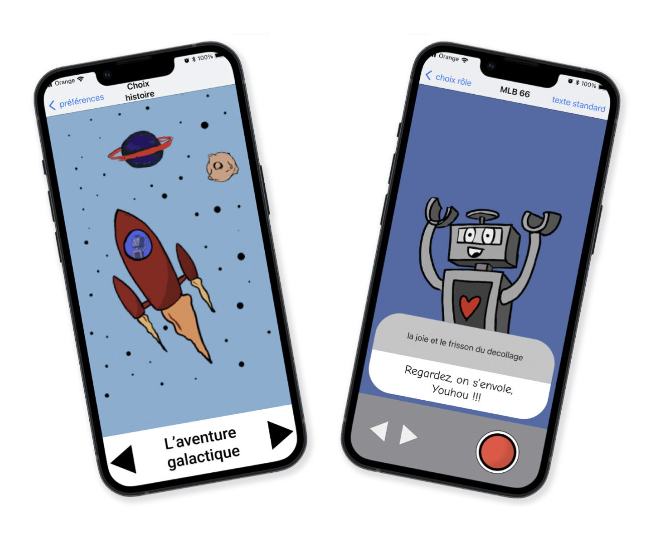 Two iPhone screens from WeConte: an illustrated rocket launching past planets titled “L'aventure galactique”, and a robot character with a recording button.